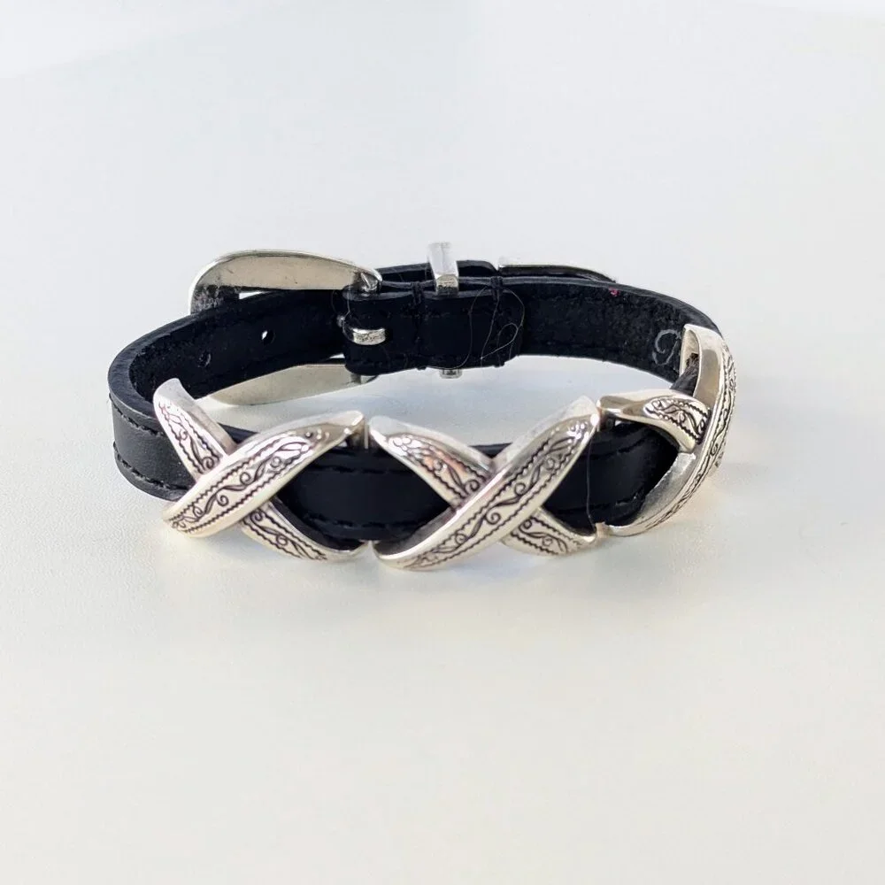 Brighton Black Kriss Kross Etched Bandit Bracelet Leather Adjustable Buckle